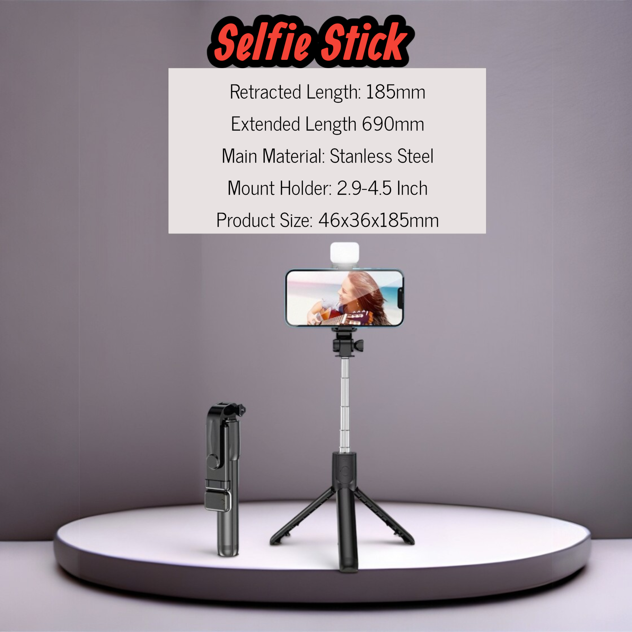 3-in-1 Selfie Stick Tripod with Bluetooth Remote & Fill Light